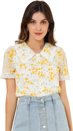 Allegra K Women's Peter Pan Collar Shirt Lace Trim Floral Embroidered 1940s Peasant Blouse