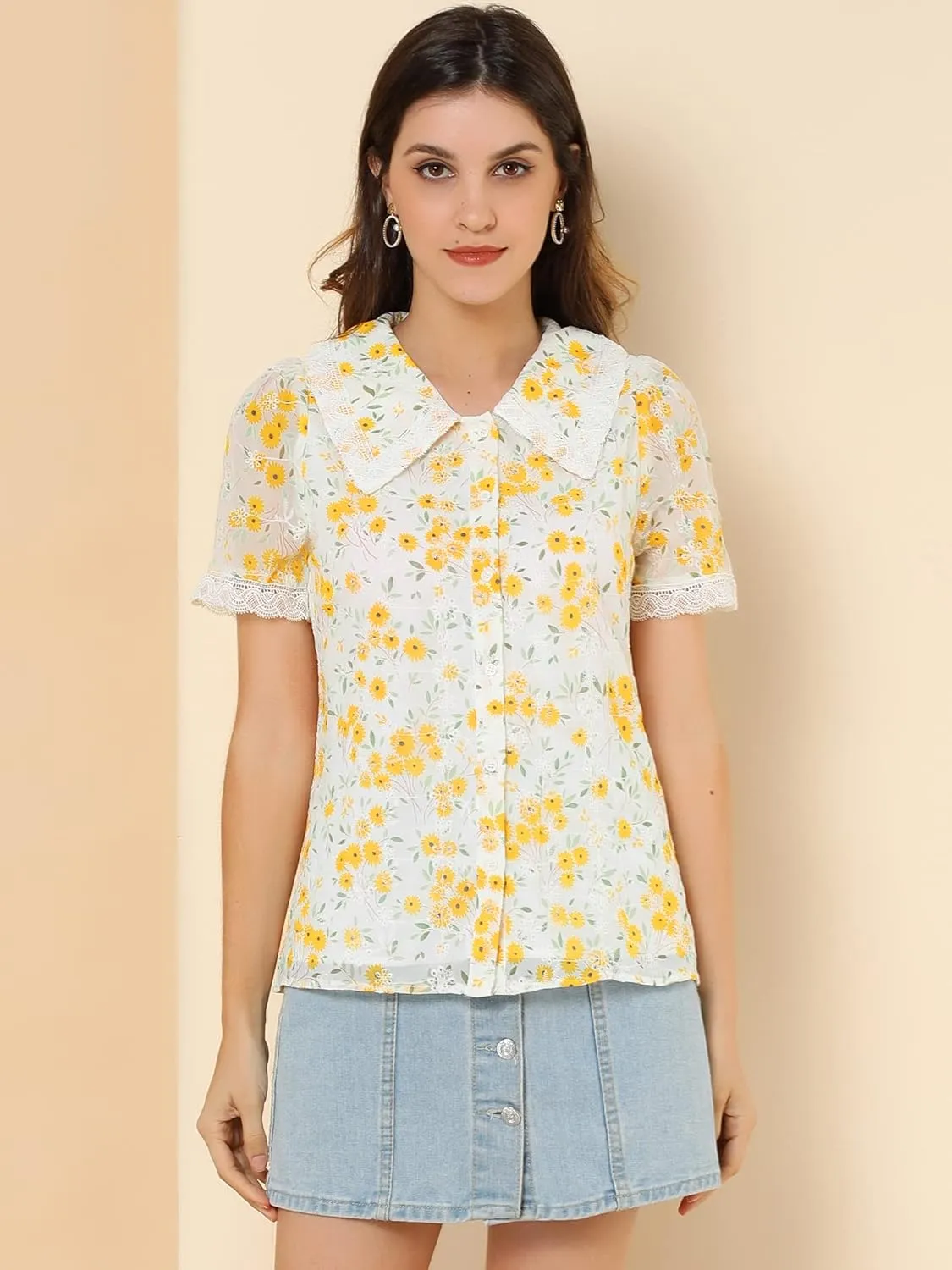 Allegra K Women's Peter Pan Collar Shirt Lace Trim Floral Embroidered 1940s Peasant Blouse