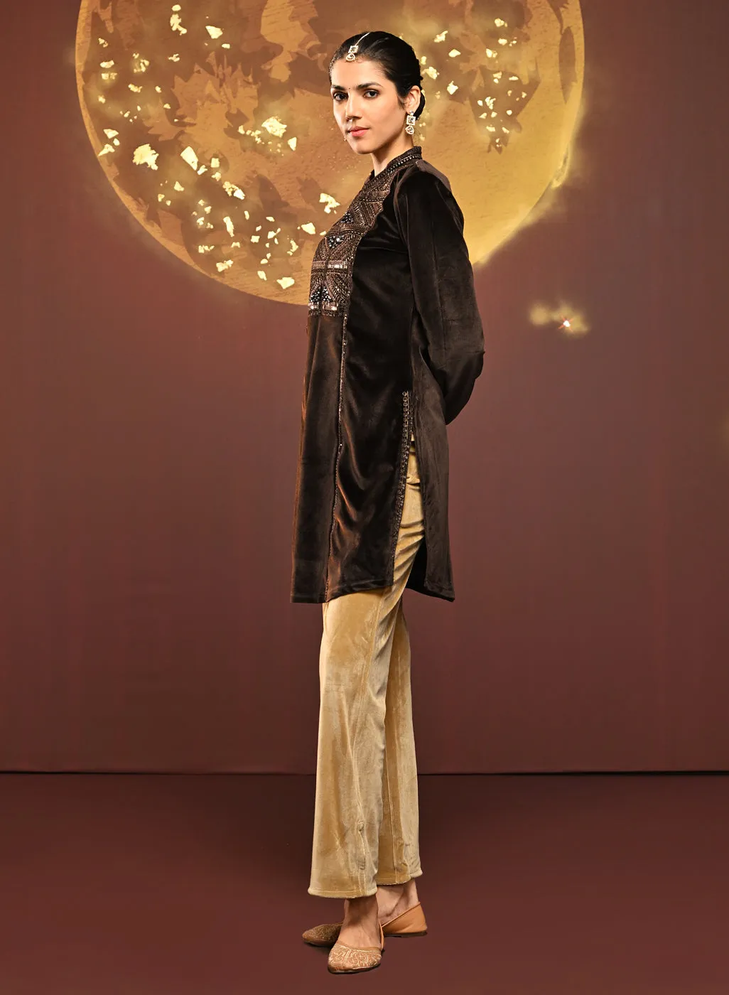 Azra Coffee Brown Embroidered Velvet Kurti for Women