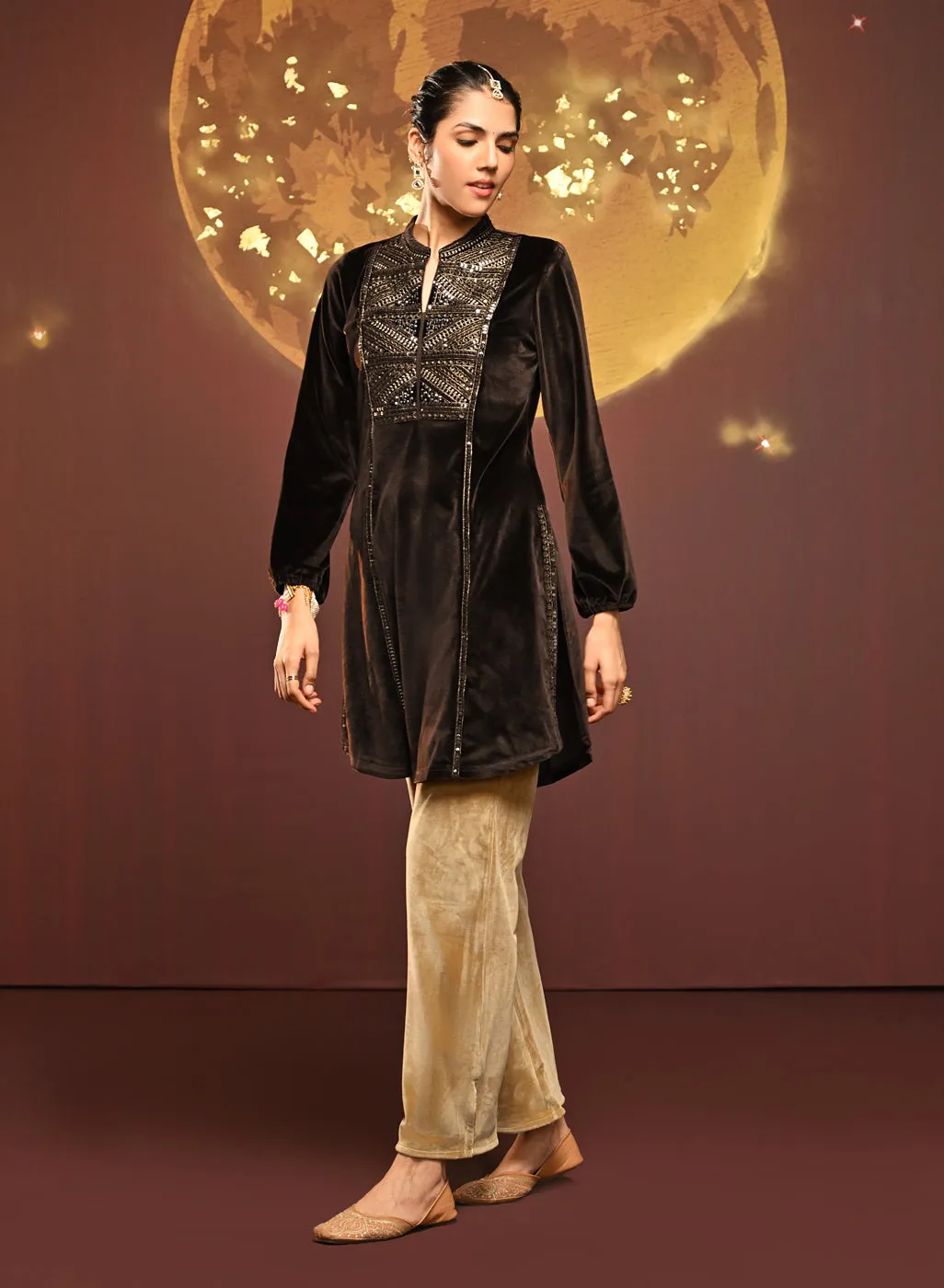 Azra Coffee Brown Embroidered Velvet Kurti for Women