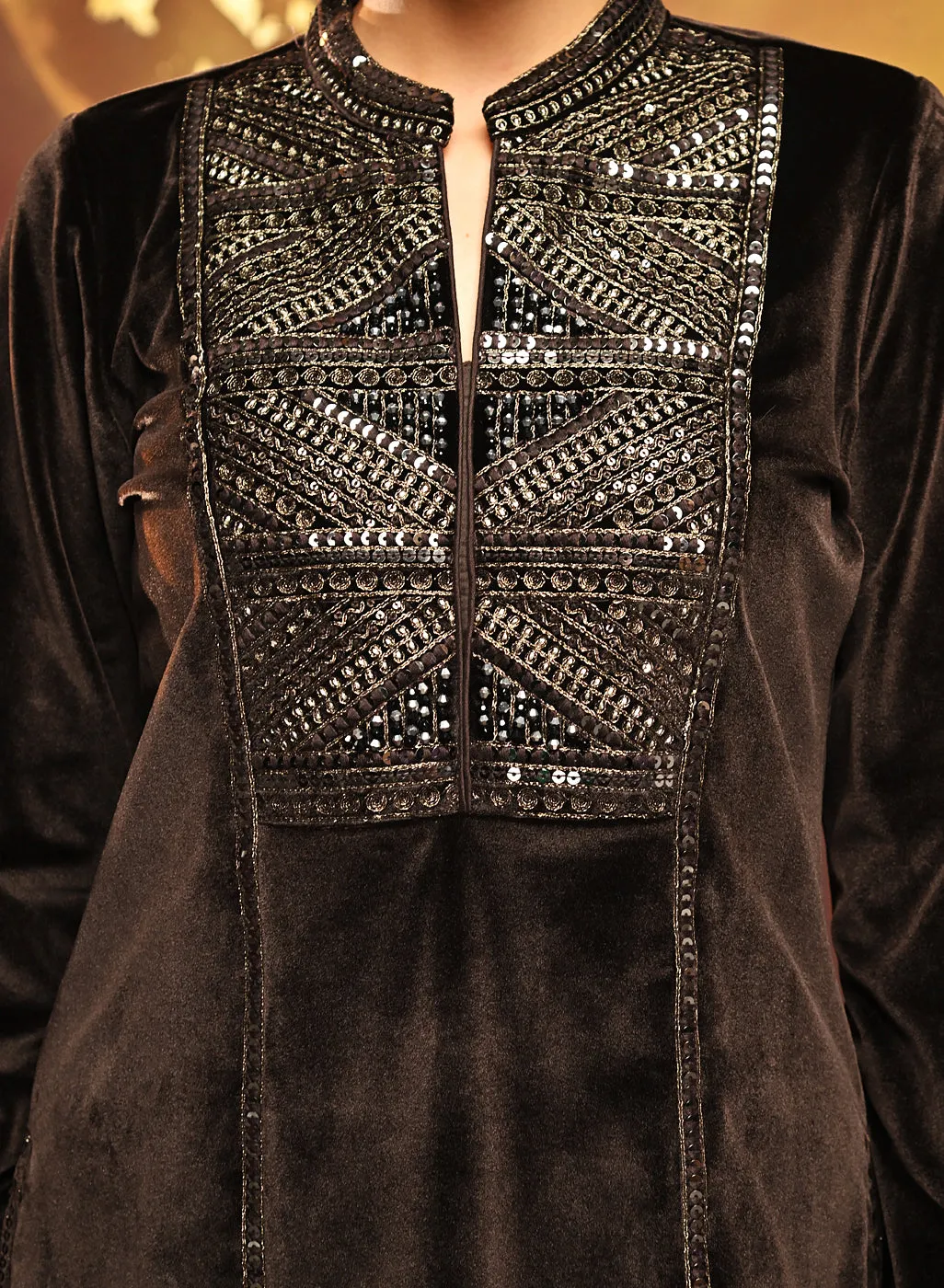 Azra Coffee Brown Embroidered Velvet Kurti for Women