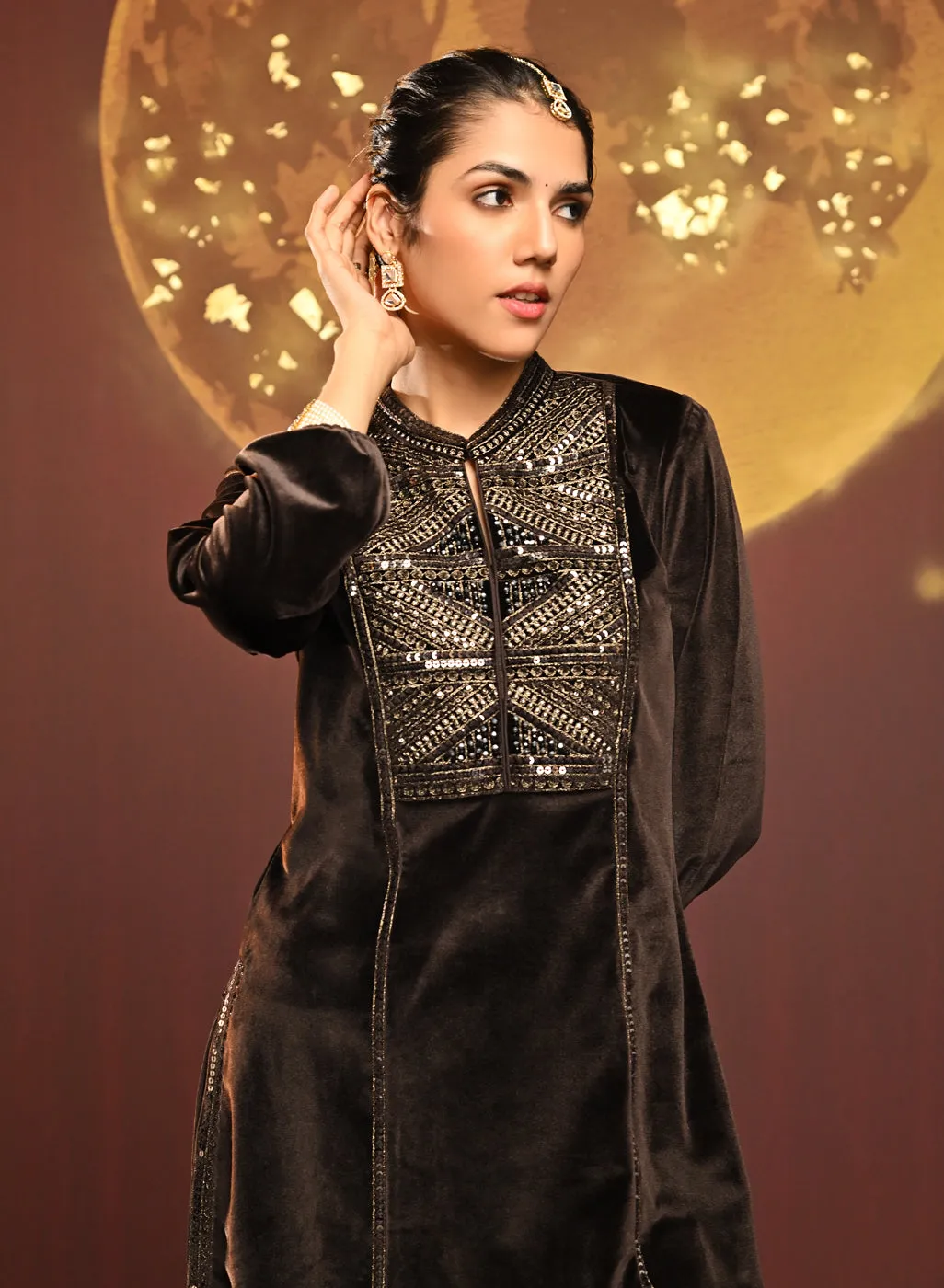 Azra Coffee Brown Embroidered Velvet Kurti for Women