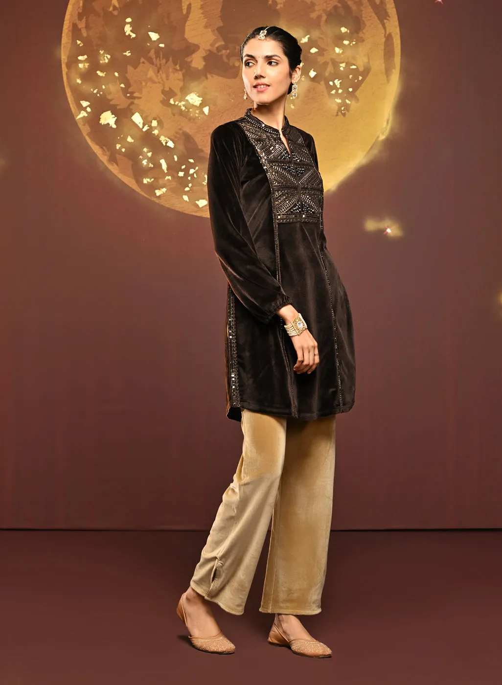 Azra Coffee Brown Embroidered Velvet Kurti for Women