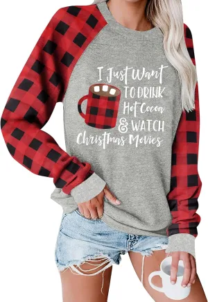 Binshre Merry Christmas Shirts for Women Christmas Tree Sweatshirts Funny Plaid Holiday T Shirt Snowflake Long Sleeve Tops