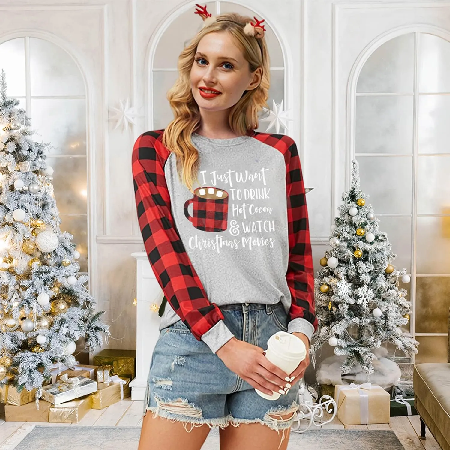 Binshre Merry Christmas Shirts for Women Christmas Tree Sweatshirts Funny Plaid Holiday T Shirt Snowflake Long Sleeve Tops