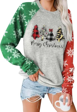 Binshre Merry Christmas Shirts for Women Christmas Tree Sweatshirts Funny Plaid Holiday T Shirt Snowflake Long Sleeve Tops