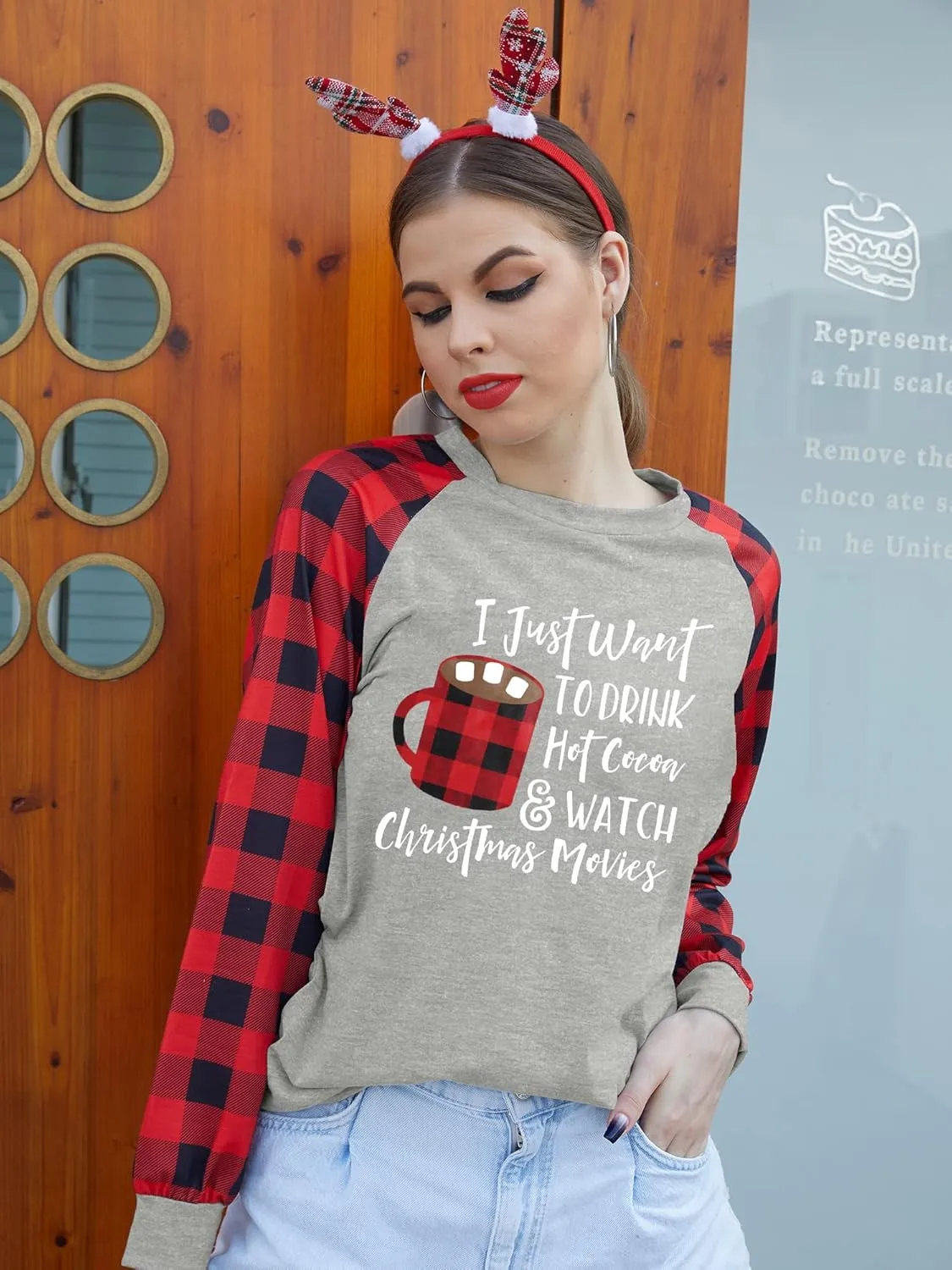 Binshre Merry Christmas Shirts for Women Christmas Tree Sweatshirts Funny Plaid Holiday T Shirt Snowflake Long Sleeve Tops