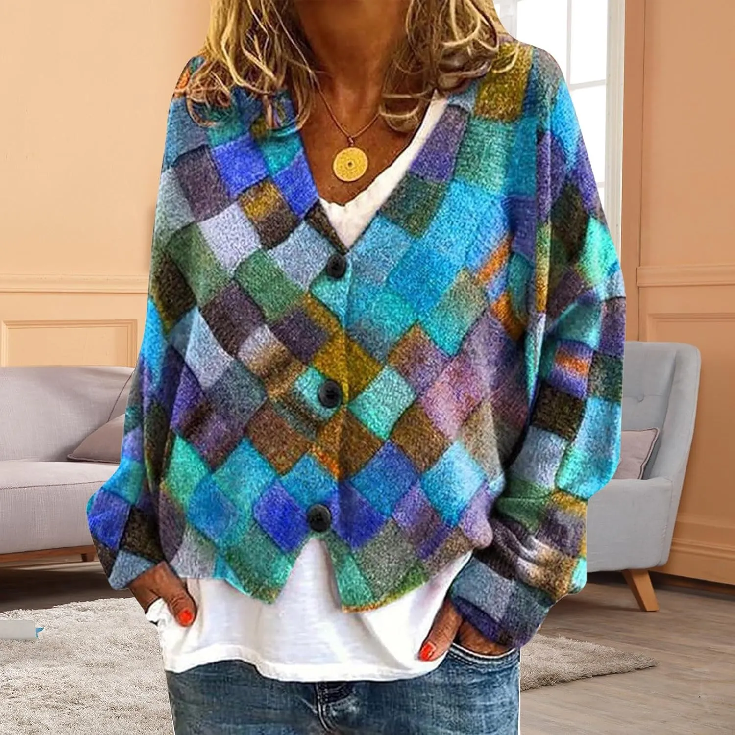 Cardigan Sweaters for Women Fall Casual Floral Printed Long Sleeve Button V-Neck Open Front Lightweight Loose Outwear