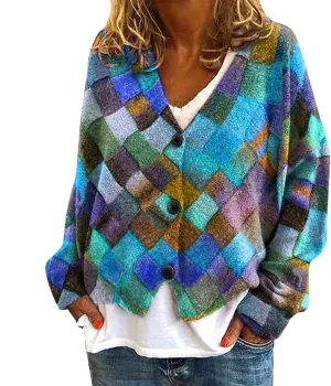 Cardigan Sweaters for Women Fall Casual Floral Printed Long Sleeve Button V-Neck Open Front Lightweight Loose Outwear