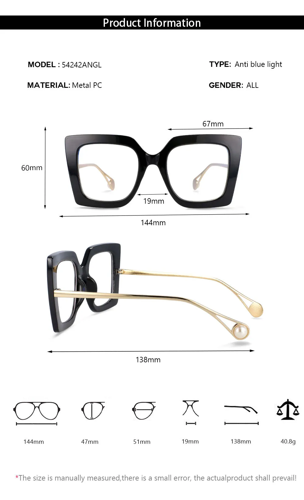CCspace Women's Oversized Square Cat Eye Resin Alloy Frame Eyeglasses 54242