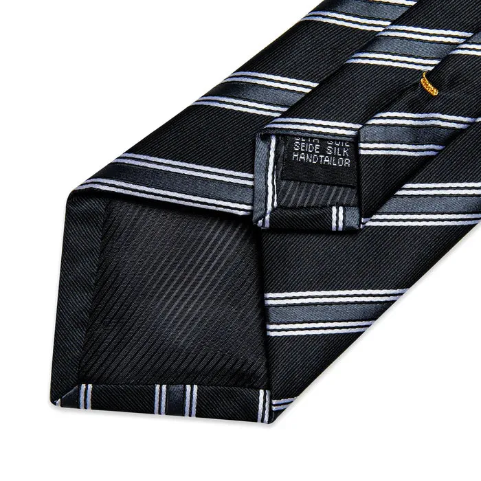 Classic Black White Stripe Silk Necktie Pocket Square Cufflinks Set
