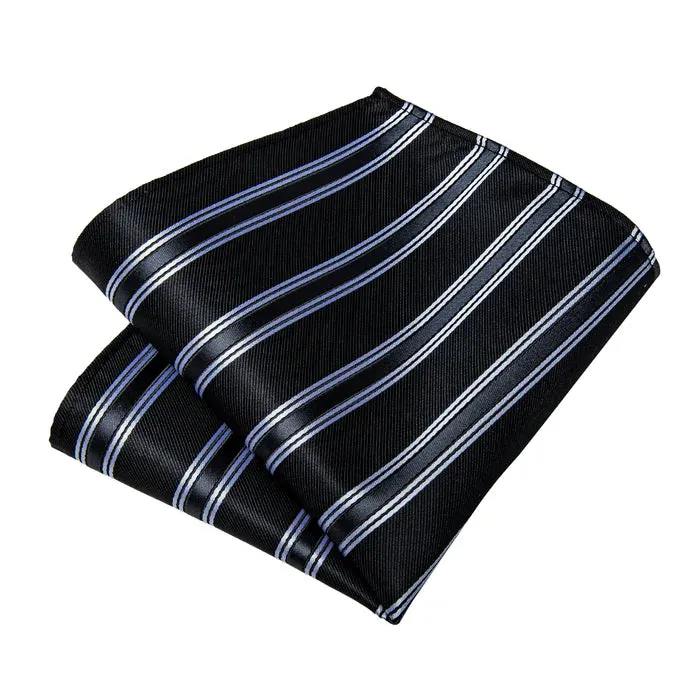 Classic Black White Stripe Silk Necktie Pocket Square Cufflinks Set