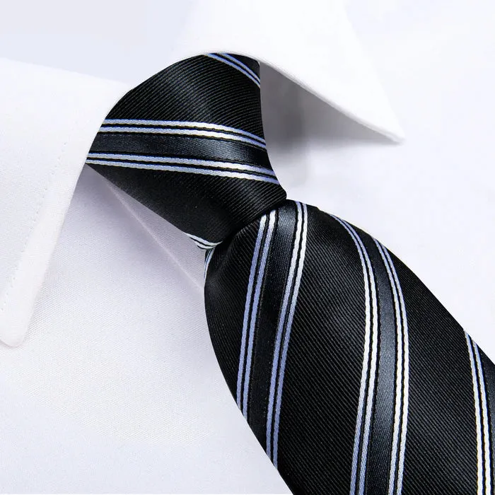 Classic Black White Stripe Silk Necktie Pocket Square Cufflinks Set