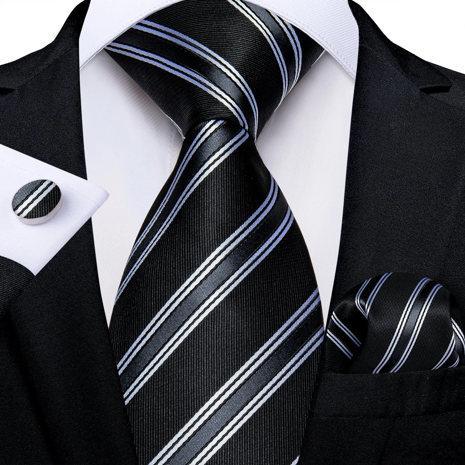 Classic Black White Stripe Silk Necktie Pocket Square Cufflinks Set