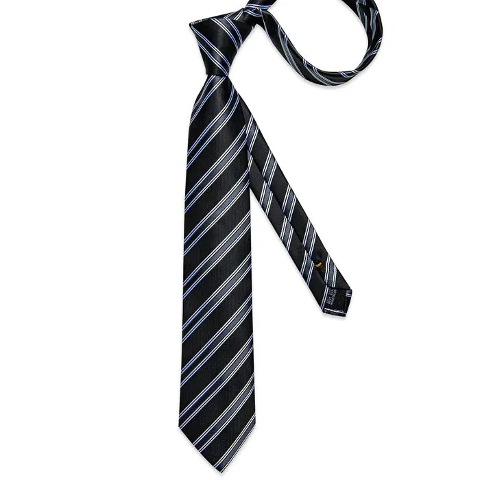 Classic Black White Stripe Silk Necktie Pocket Square Cufflinks Set