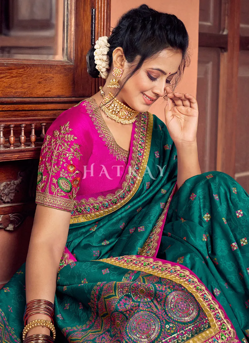 Dark Green Multi Embroidered Traditional Silk Saree