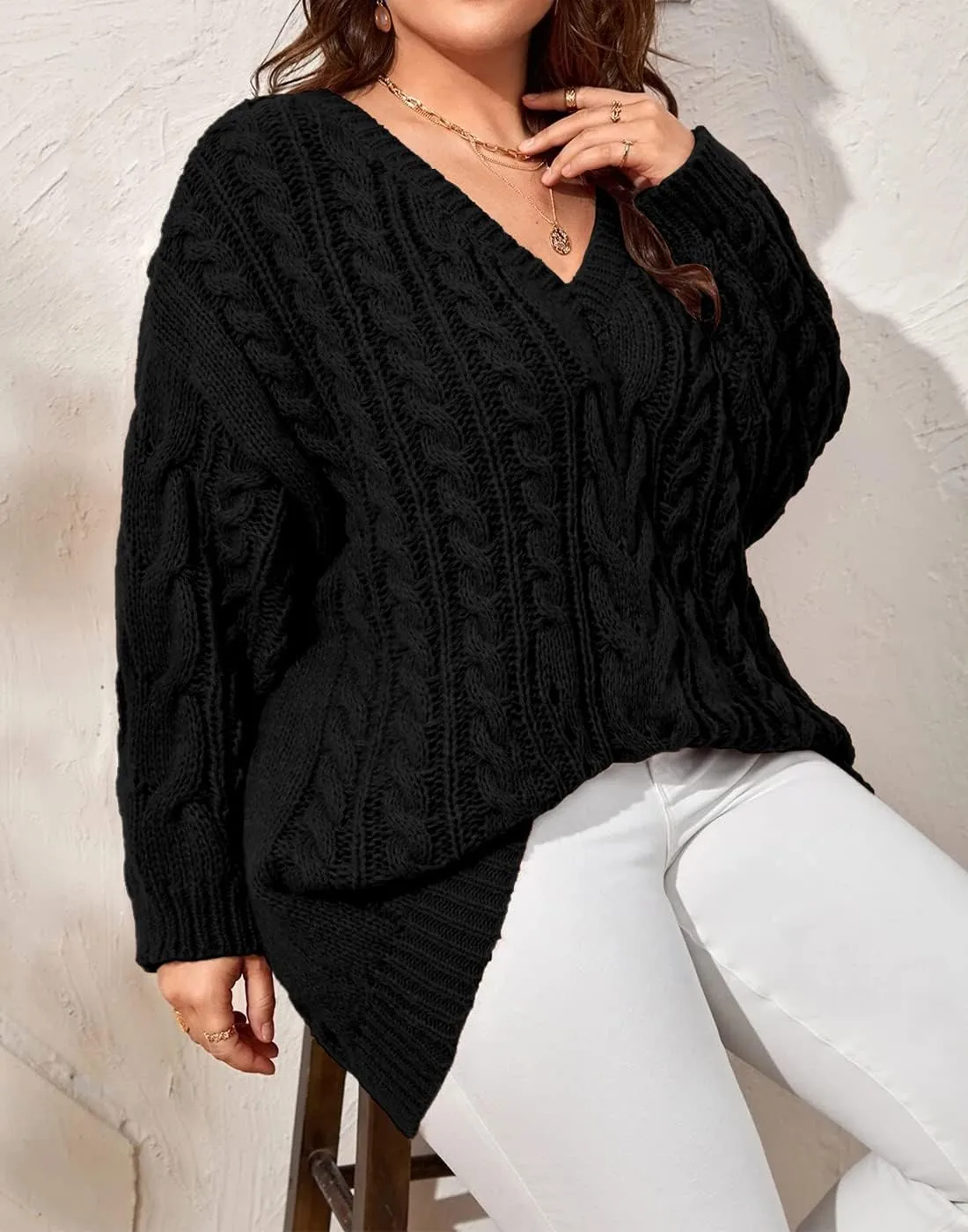 Dyexces Plus Size Sweaters for Women V Neck Long Sleeve Cable Knit Sweaters Casual Fall Sweaters Soft Jumper Tops