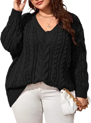 Dyexces Plus Size Sweaters for Women V Neck Long Sleeve Cable Knit Sweaters Casual Fall Sweaters Soft Jumper Tops