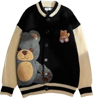 ebossy Womens Cute Bear Embroidery Knit Cardigans Casual Loose Button Down Drape Long Sleeve Varsity Sweater Jacket