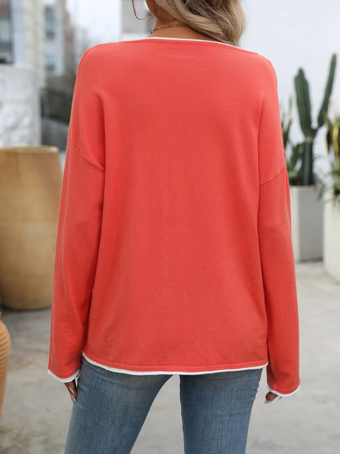 Fast Shipping-Contrast Trim Round Neck Long Sleeve Sweater