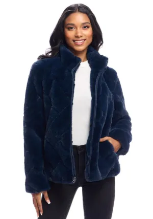 Faux Fur Paige Zip Jacket - Navy Blue