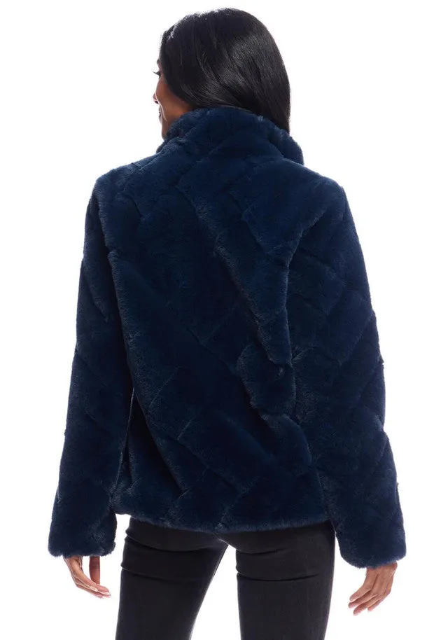 Faux Fur Paige Zip Jacket - Navy Blue