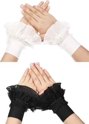Floral Layered Cuff 2 Pairs Lace Stretch Jabot Cuffs Lace Wrist Cuff Fake Sleeves Black White Lace Jabot Cuffs Costume Accessory
