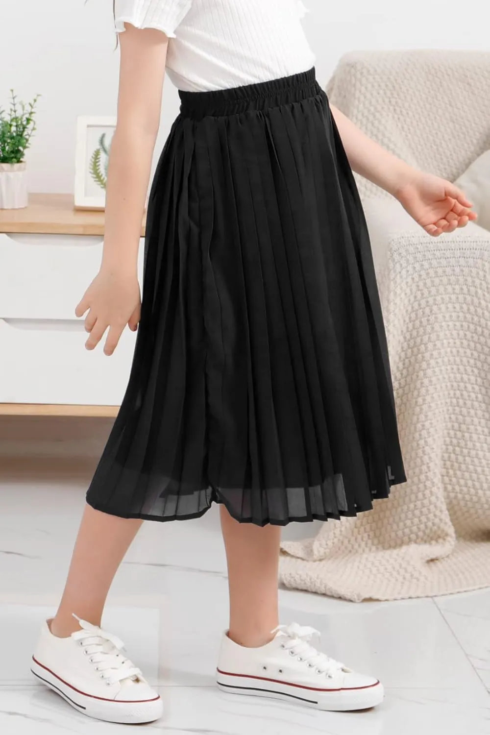 GORLYA Girls Chiffon Pleated Elastic High Waist A-Line Boho Swing Maxi Long Skirt 4-14T