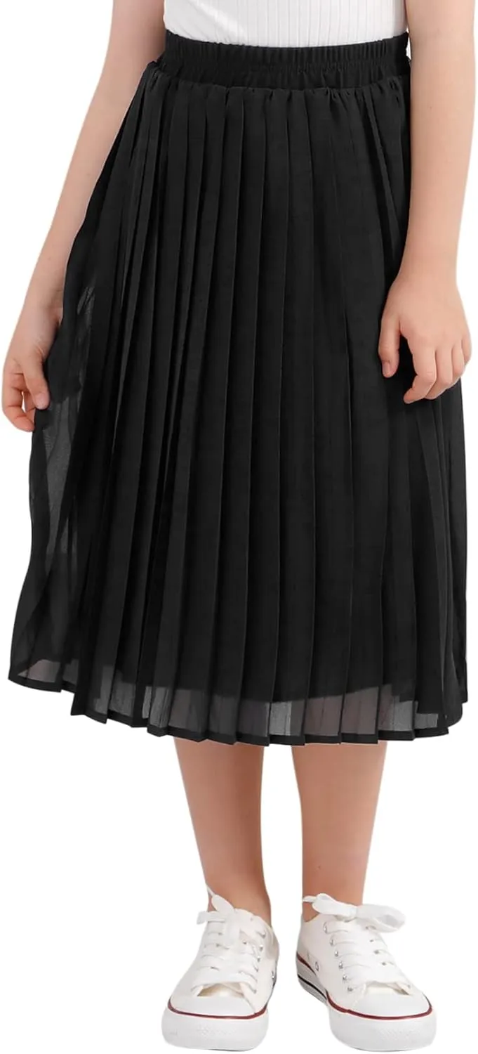 GORLYA Girls Chiffon Pleated Elastic High Waist A-Line Boho Swing Maxi Long Skirt 4-14T