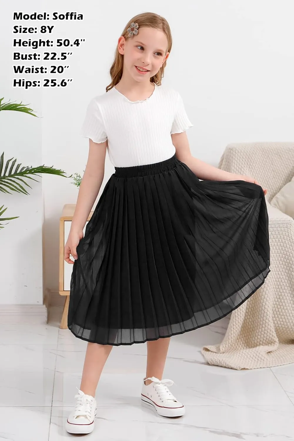 GORLYA Girls Chiffon Pleated Elastic High Waist A-Line Boho Swing Maxi Long Skirt 4-14T