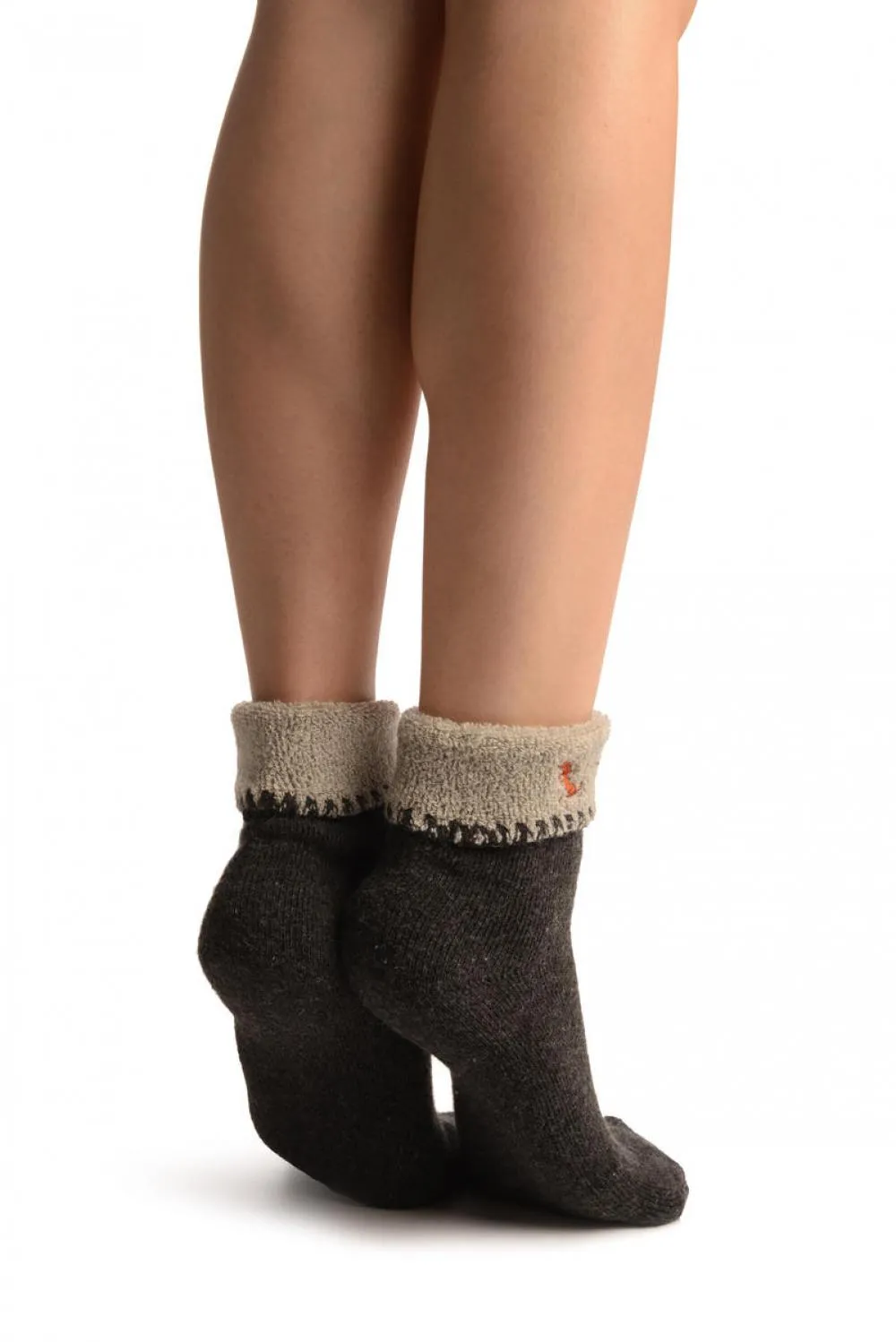 Grey With Cute Dog Flip Top Angora Ankle High Socks