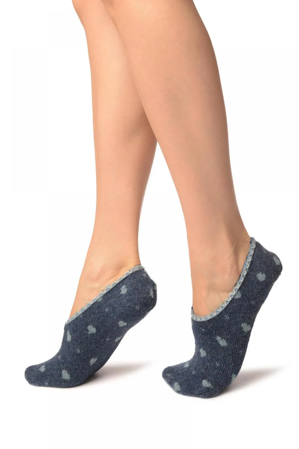 Hearts On Blue With Lace Trim Angora Footies Socks