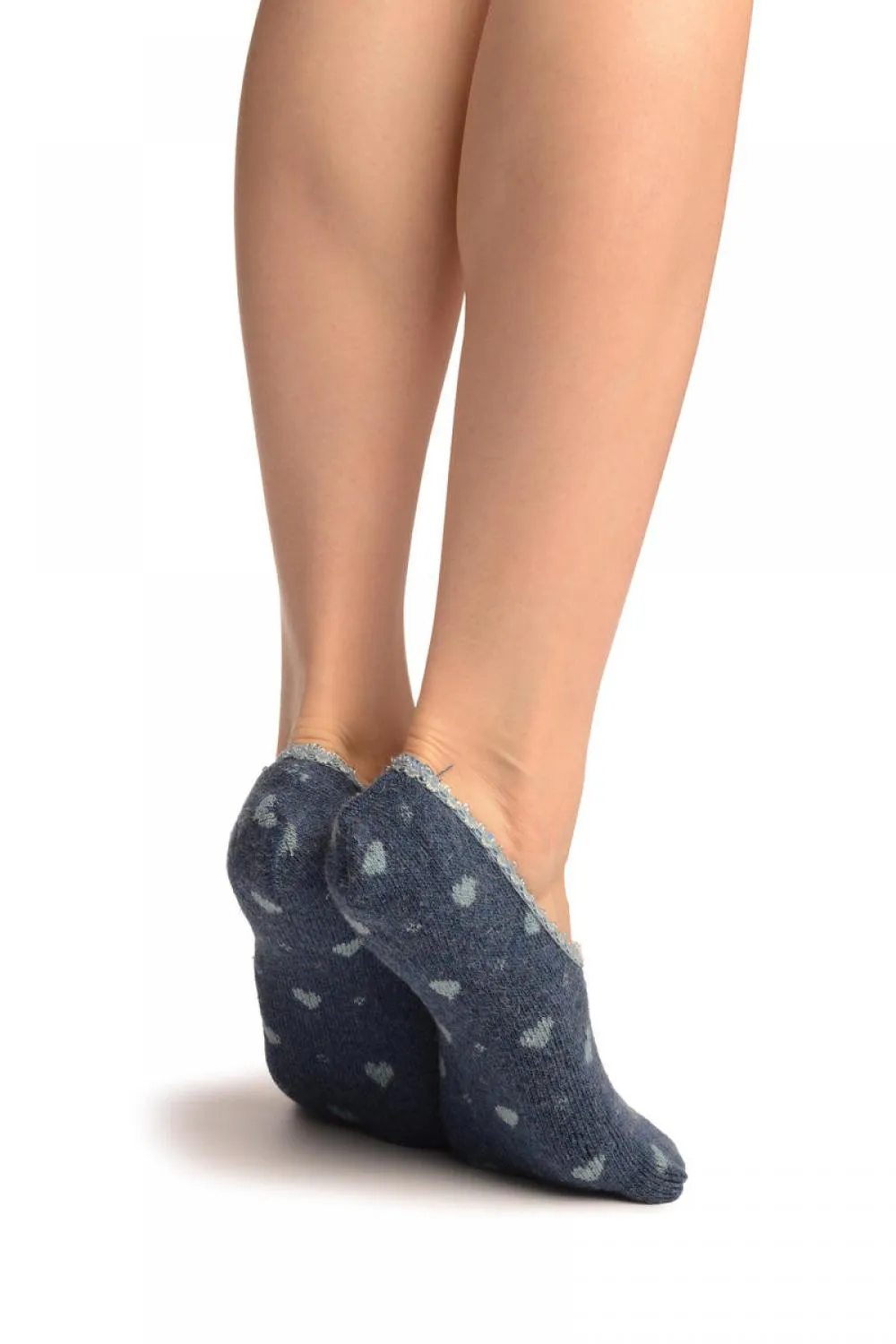 Hearts On Blue With Lace Trim Angora Footies Socks