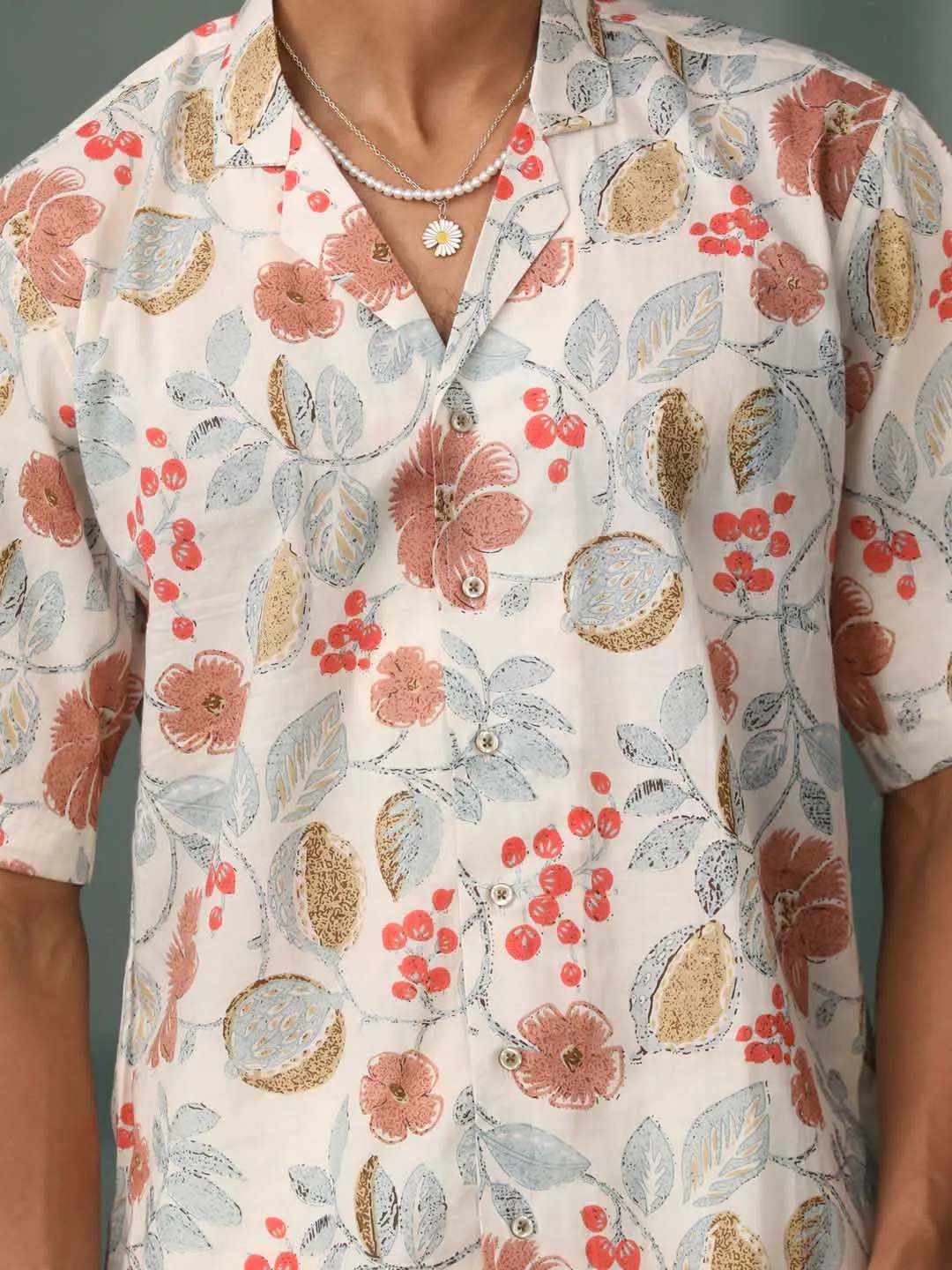 Jashvi Men's Multi Color Base Cream Cotton Printed Shirt