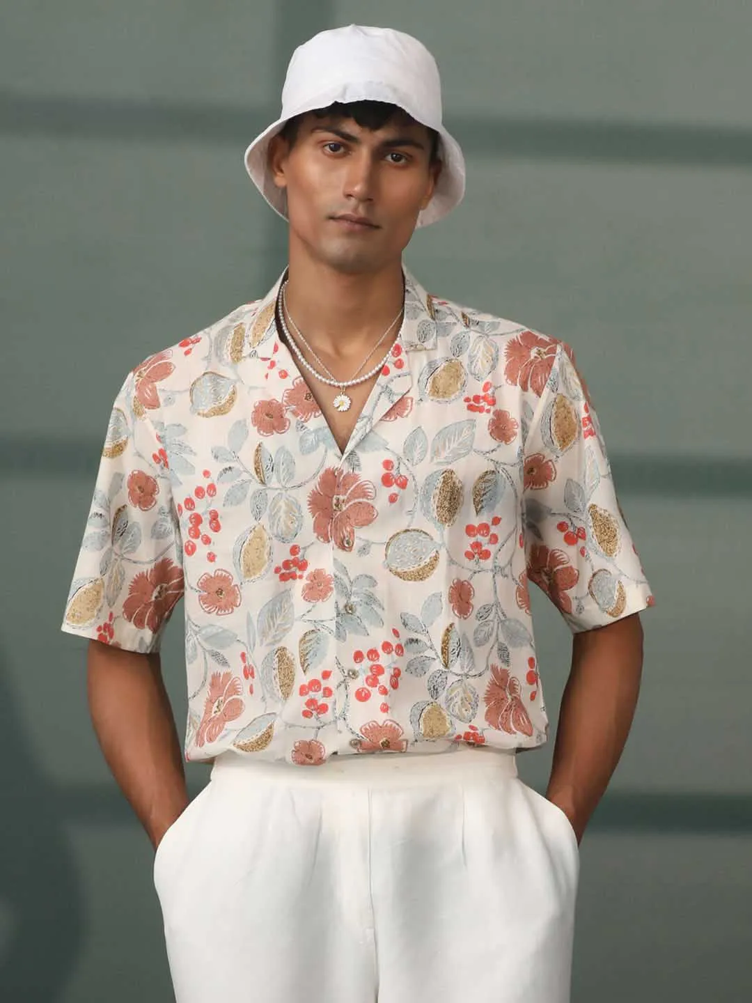 Jashvi Men's Multi Color Base Cream Cotton Printed Shirt