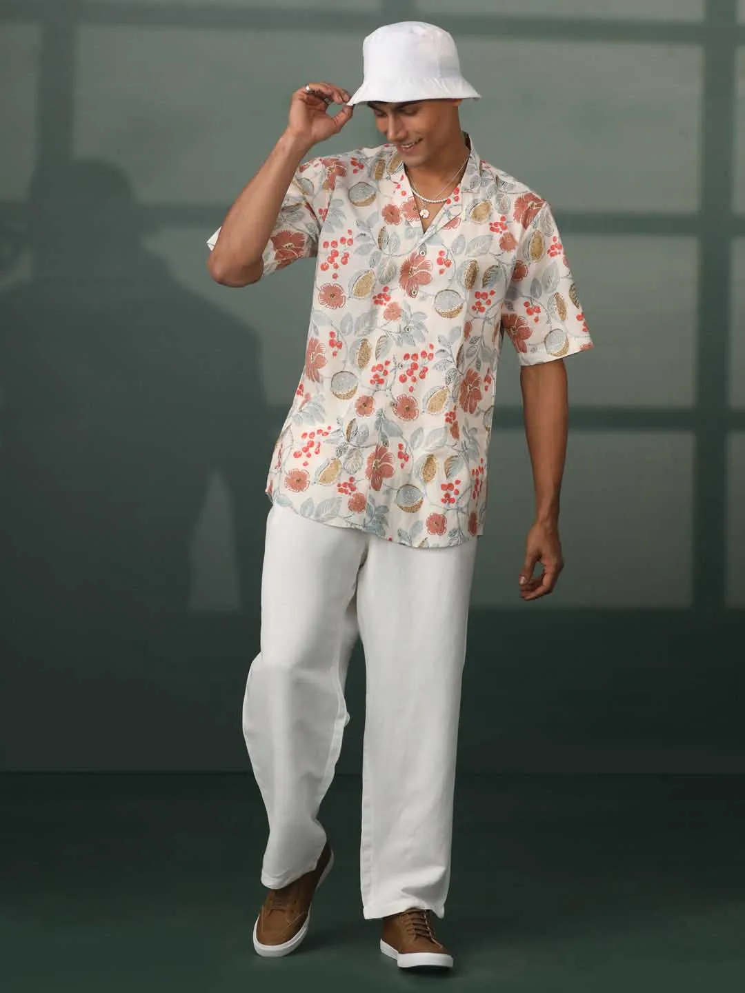 Jashvi Men's Multi Color Base Cream Cotton Printed Shirt
