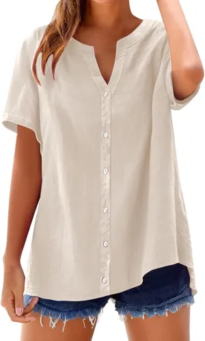 Linen Shirts for Women Solid Color Sleeve Collar Casual Women's Shirt Women's V Neck Button Down Blouse