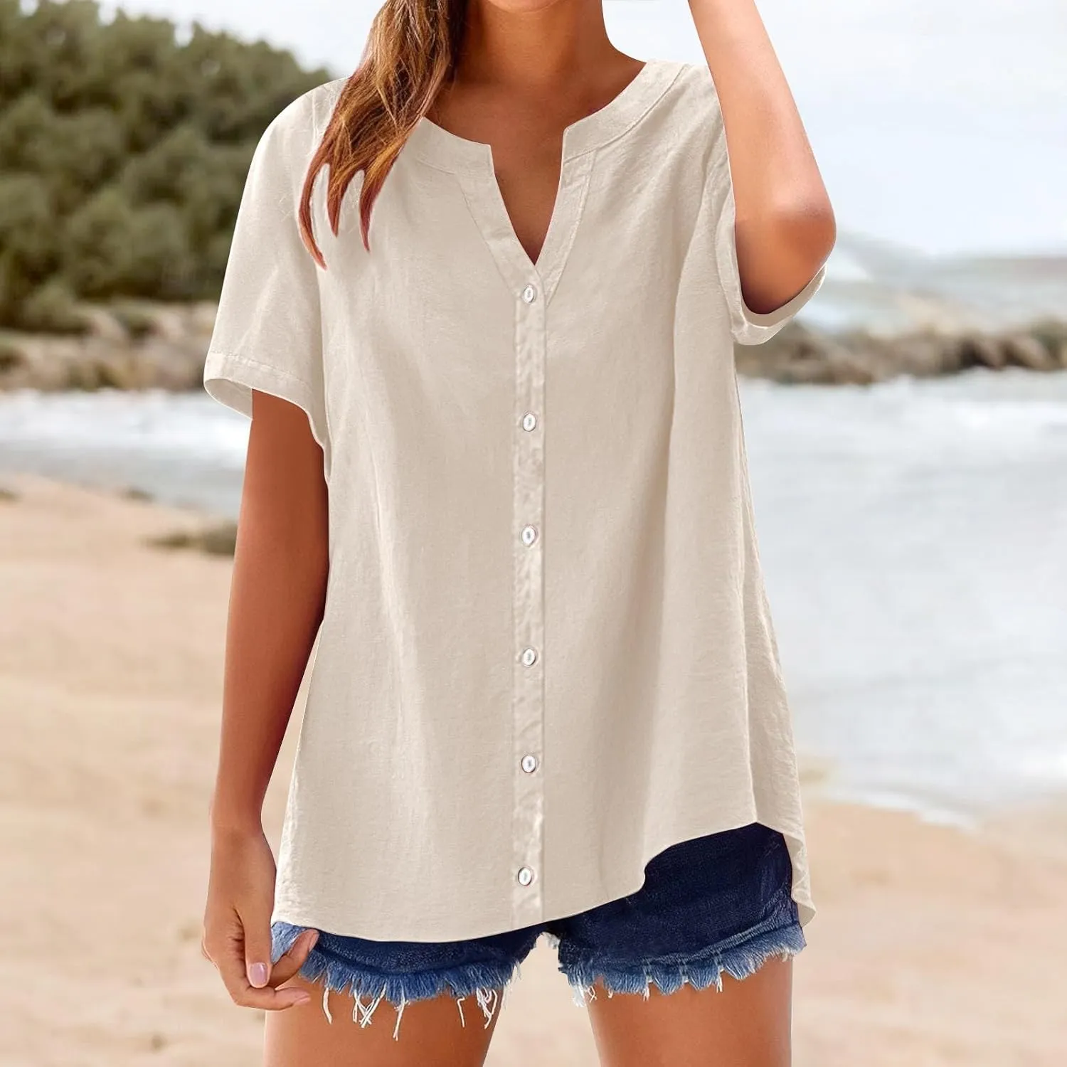 Linen Shirts for Women Solid Color Sleeve Collar Casual Women's Shirt Women's V Neck Button Down Blouse
