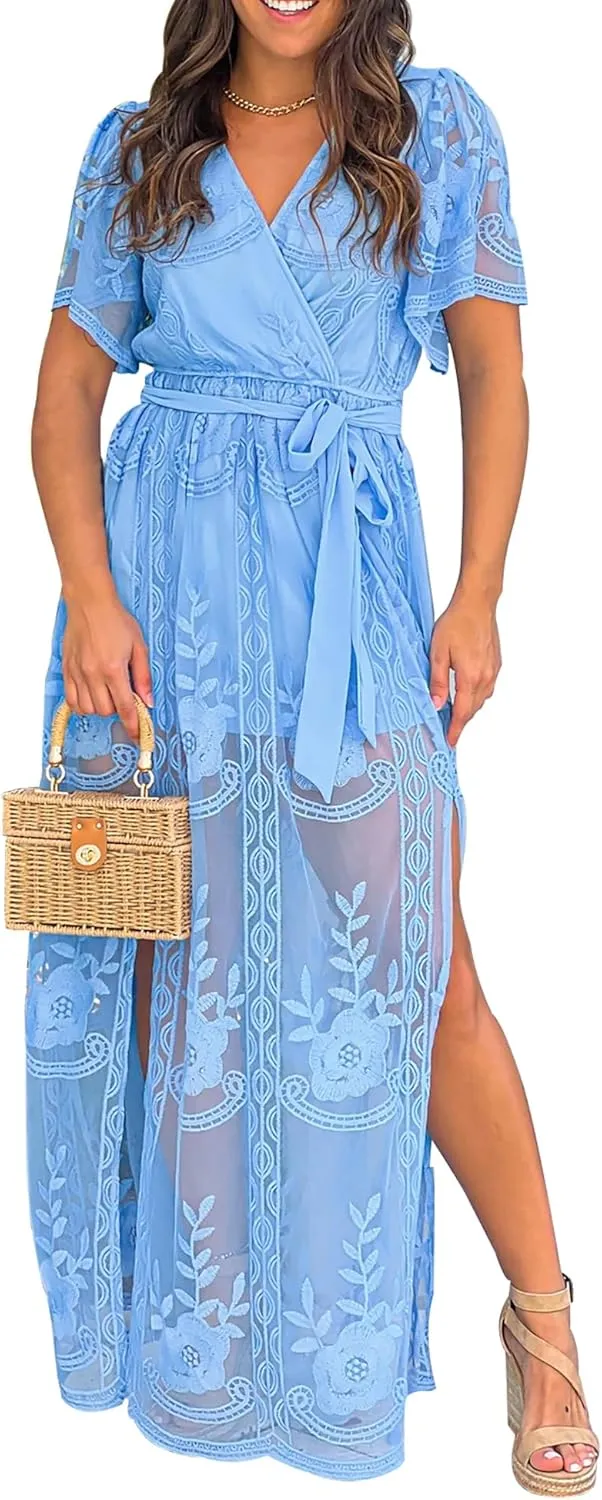 LRISES Womens V Neck Floral Embroidered Lace Wedding Maxi Dress Boho Short Sleeve Slit Bridesmaid Evening Party Dresses