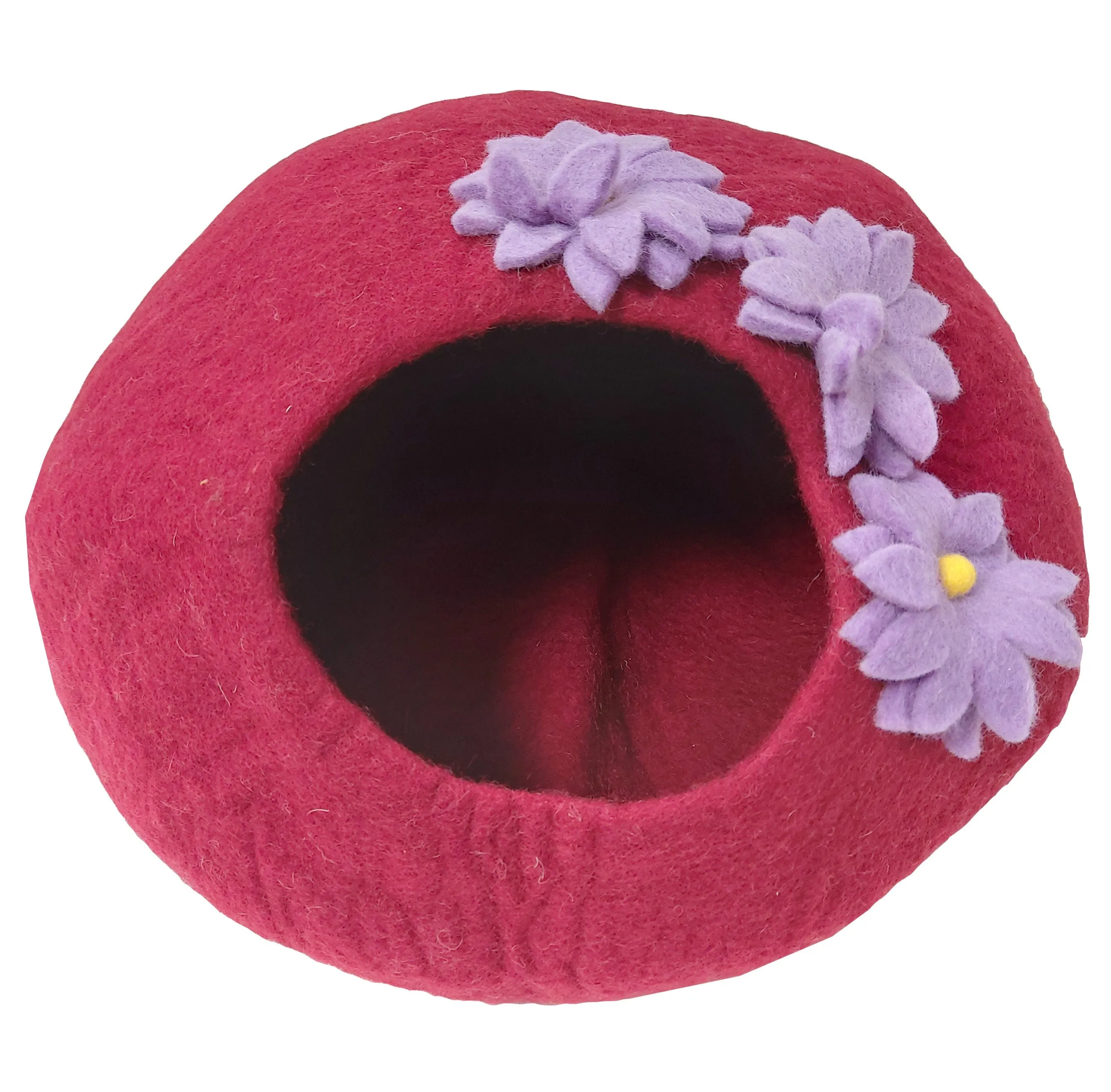 LUXURY 100% Natural Wool Large MAROON RED Floral Cat Cave Handmade Shaped Felt Makes Great Covered Cat House Bed Kitty Indoor Cosy Hideaway