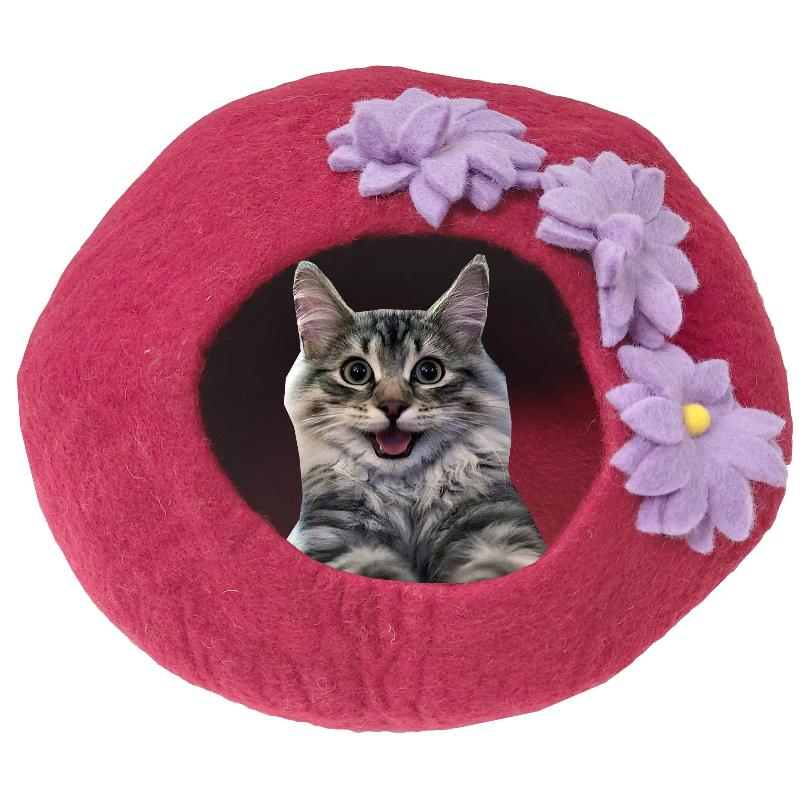 LUXURY 100% Natural Wool Large MAROON RED Floral Cat Cave Handmade Shaped Felt Makes Great Covered Cat House Bed Kitty Indoor Cosy Hideaway