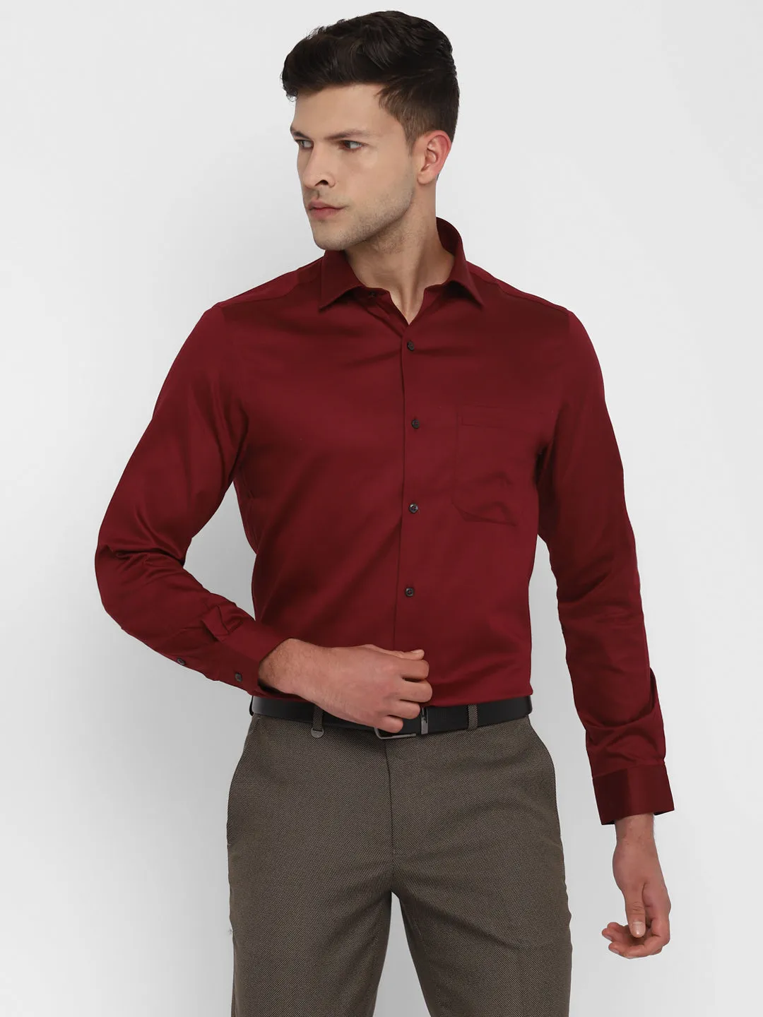 Maroon Cotton Solid Slim Fit Shirt