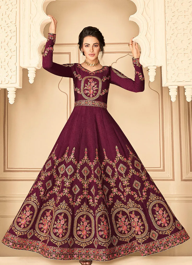 Maroon Multi Embroidered Anarkali Suit