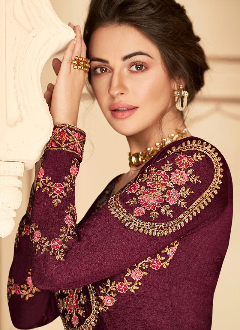 Maroon Multi Embroidered Anarkali Suit