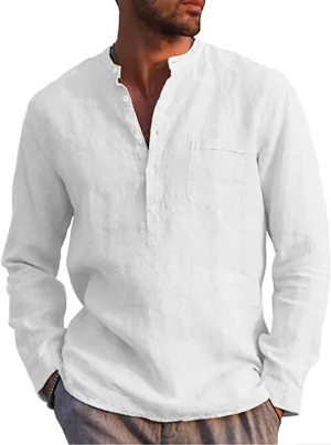 Mens Cotton Linen Shirt Casual Long Sleeve Henley Shirt Solid Tops