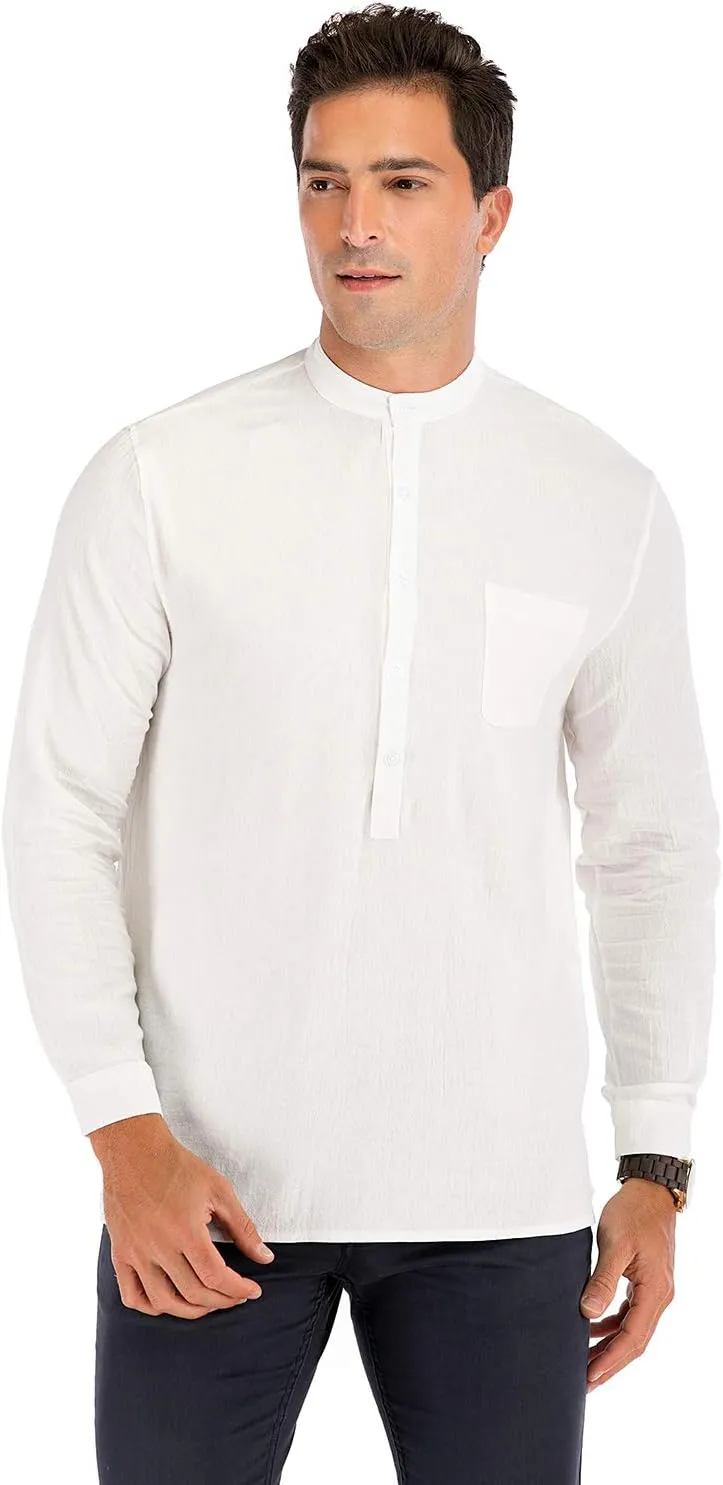 Mens Cotton Linen Shirt Casual Long Sleeve Henley Shirt Solid Tops