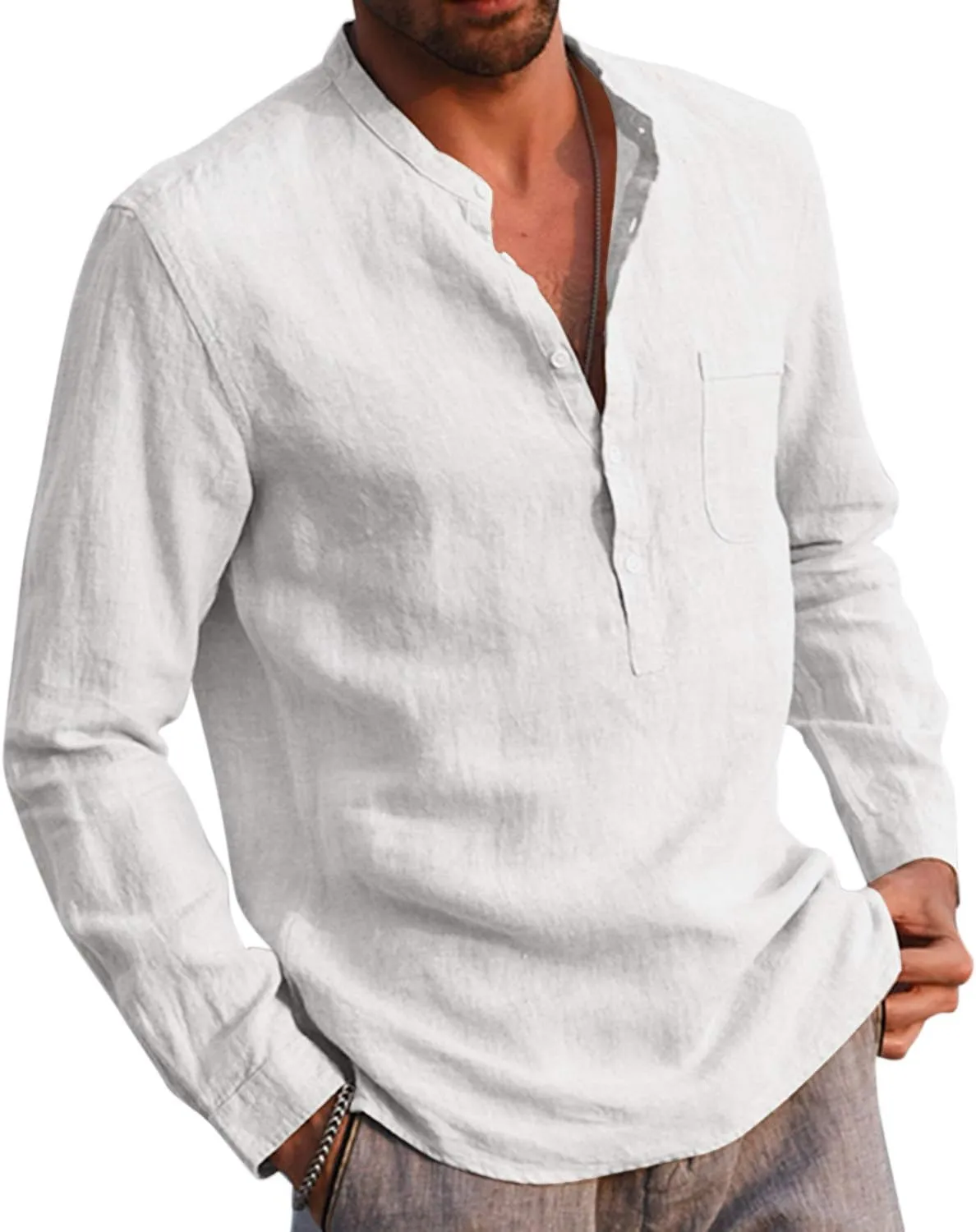 Mens Cotton Linen Shirt Casual Long Sleeve Henley Shirt Solid Tops