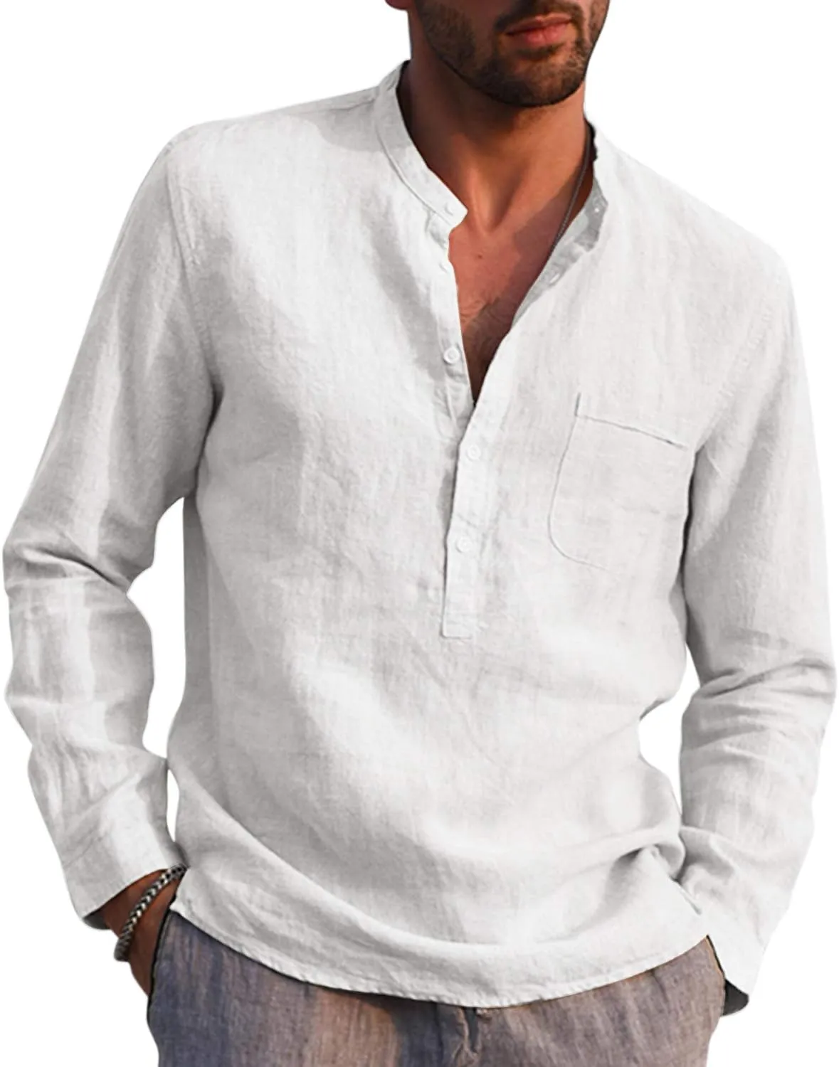Mens Cotton Linen Shirt Casual Long Sleeve Henley Shirt Solid Tops