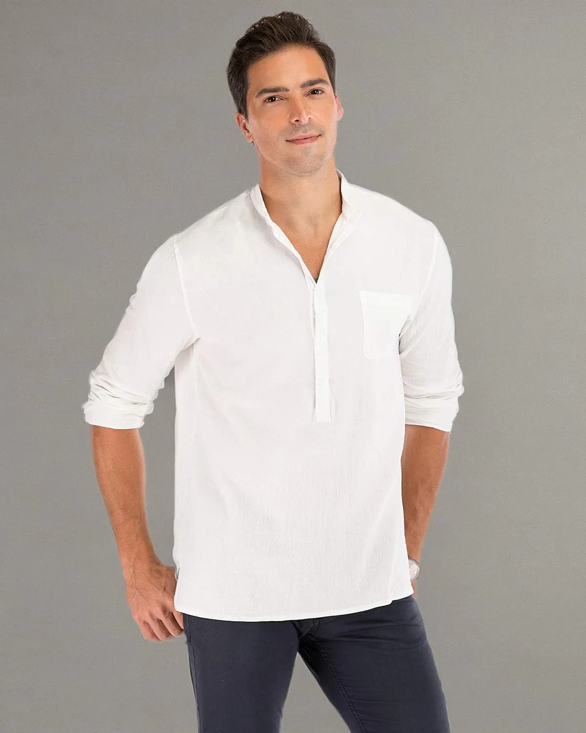 Mens Cotton Linen Shirt Casual Long Sleeve Henley Shirt Solid Tops