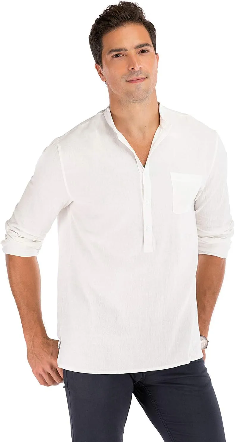 Mens Cotton Linen Shirt Casual Long Sleeve Henley Shirt Solid Tops